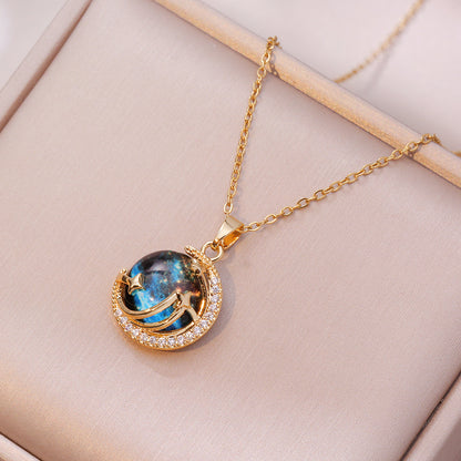 Unveil the elegance of the cosmos with the Stardust Whisper Necklace, a breathtaking creation crafted from premium titanium steel and plated with a durable titanium finish. This necklace features a mesmerizing cosmic-inspired pendant, adorned with glimmering zircon stones that catch the light from every angle.