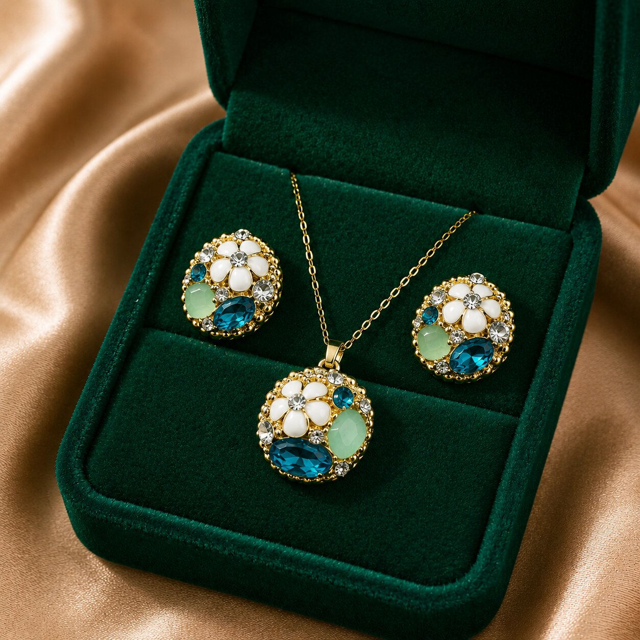 A refreshing blend of ocean hues and blooming elegance, the Tealora Ocean Set features delicate floral accents adorned with deep teal crystals, soft mint stones, and sparkling zircon details. Inspired by coastal gardens kissed by sea breezes, this radiant set brings together sophistication, color, and timeless charm in one enchanting design.