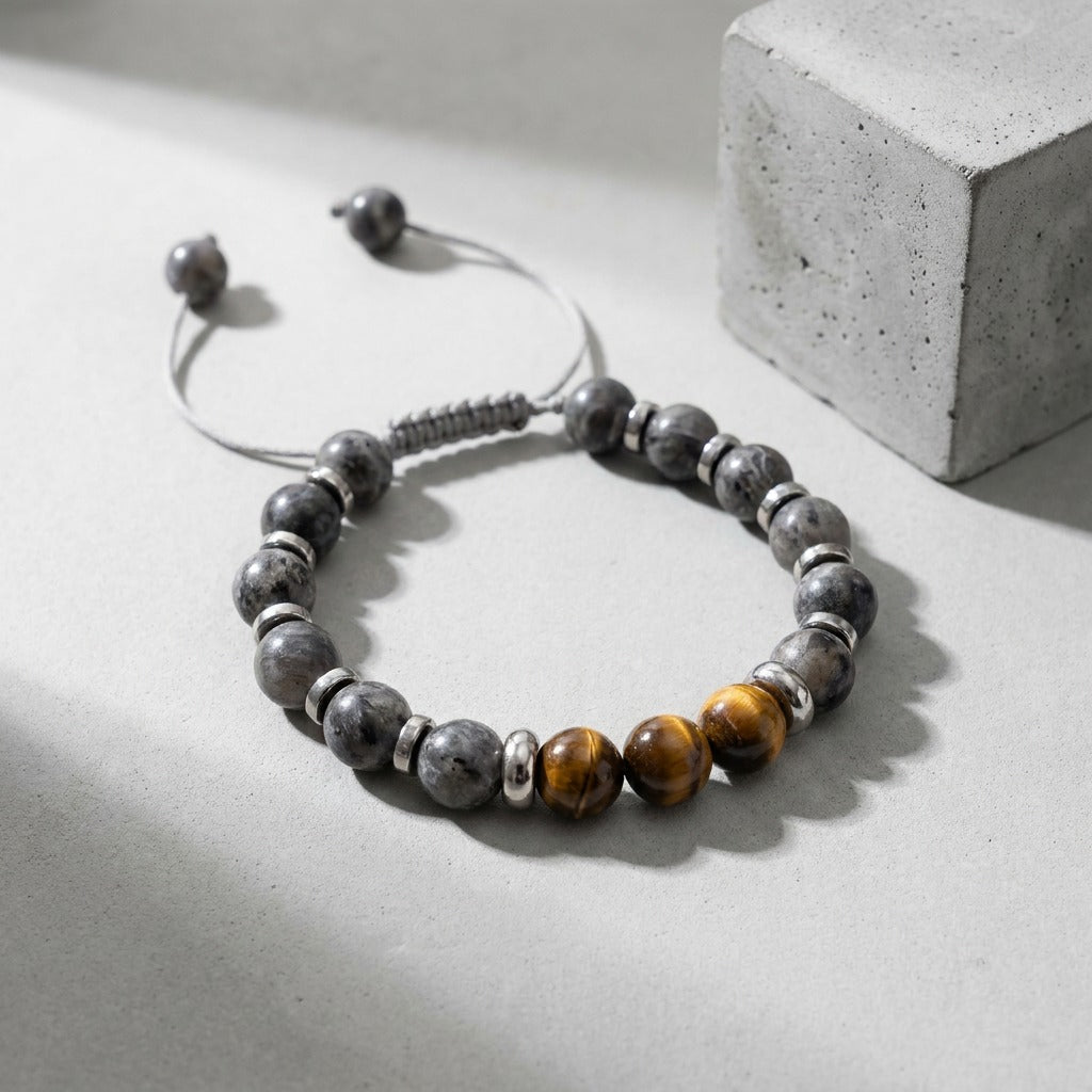 A bold fusion of strength and flow, this bracelet captures a powerful yet balanced energy in a sleek, modern form. With its deep-toned stones and subtle metallic accents, it reflects a confident presence that feels both grounded and refined.