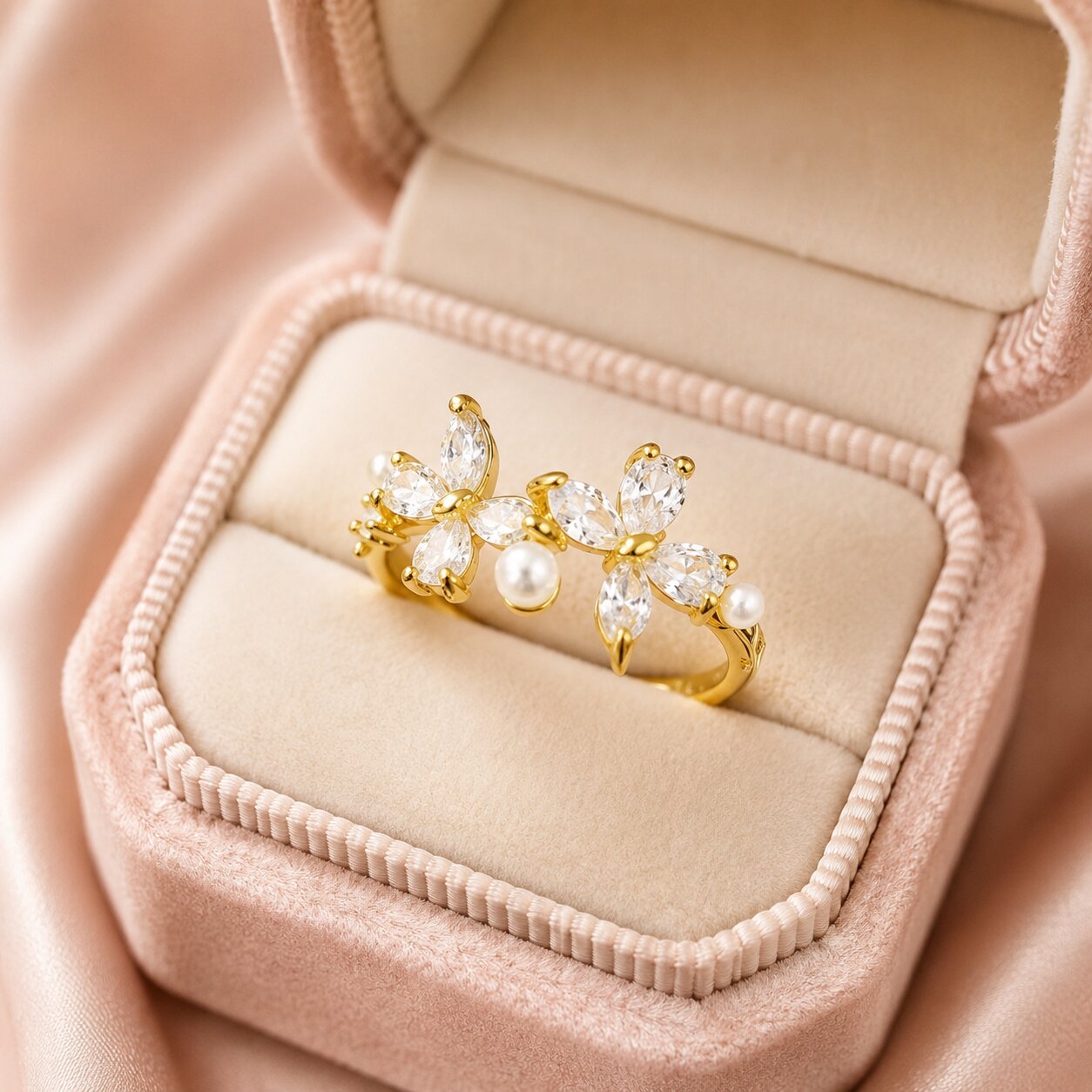 A graceful celebration of transformation and beauty, this ring features two sparkling butterfly motifs adorned with brilliant crystal stones and delicate pearl accents. Its open silhouette creates a light, airy charm that feels feminine, elegant, and effortlessly enchanting.