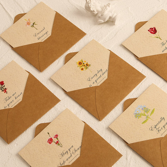 A vintage-style greeting card set with soft floral illustrations and timeless typography, printed on warm textured paper. Paired with matching kraft envelopes, it’s perfect for birthdays, thank-you notes, and heartfelt everyday wishes.
